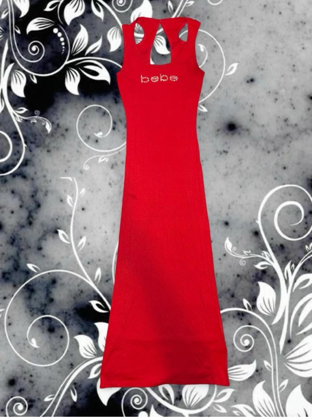 vintage y2k rhinestone logo maxi dress - bebe, sz sm